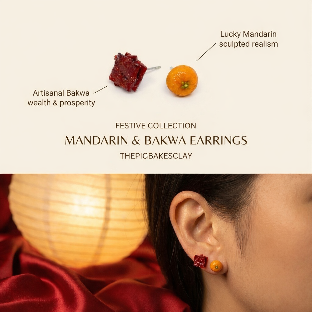 Mandarin Orange and Bakwa Earring Studs (PREORDER, wait time 4-8 weeks)