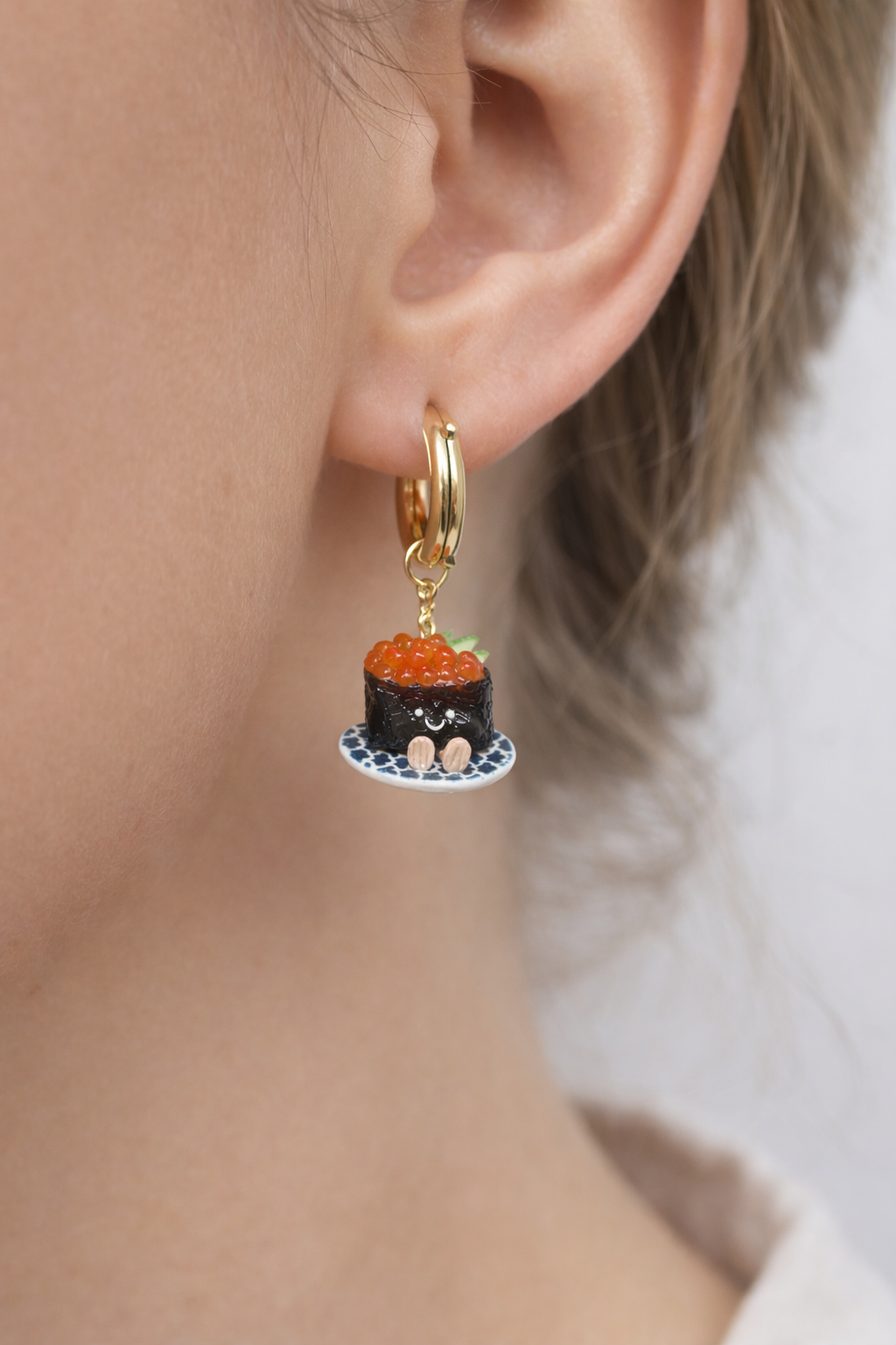 Ikura and Uni Gunkan Sushi Jellycats on Gold Hoop Dangles