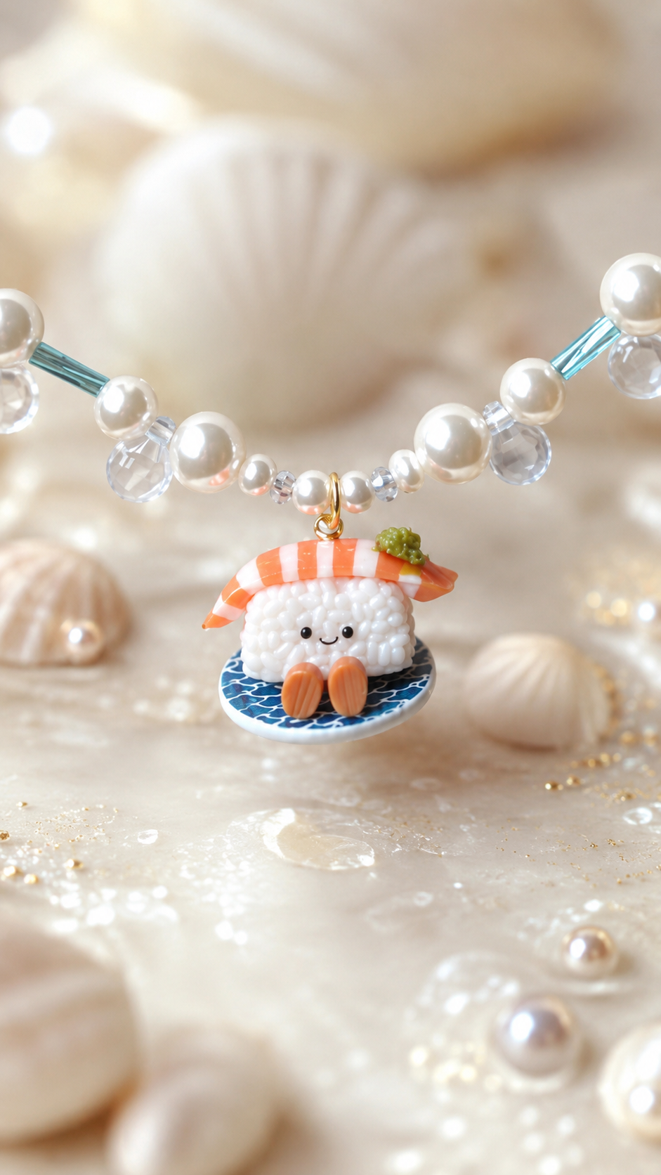 Salmon Sushi with Swaroski Pearls and Water Droplets Necklace