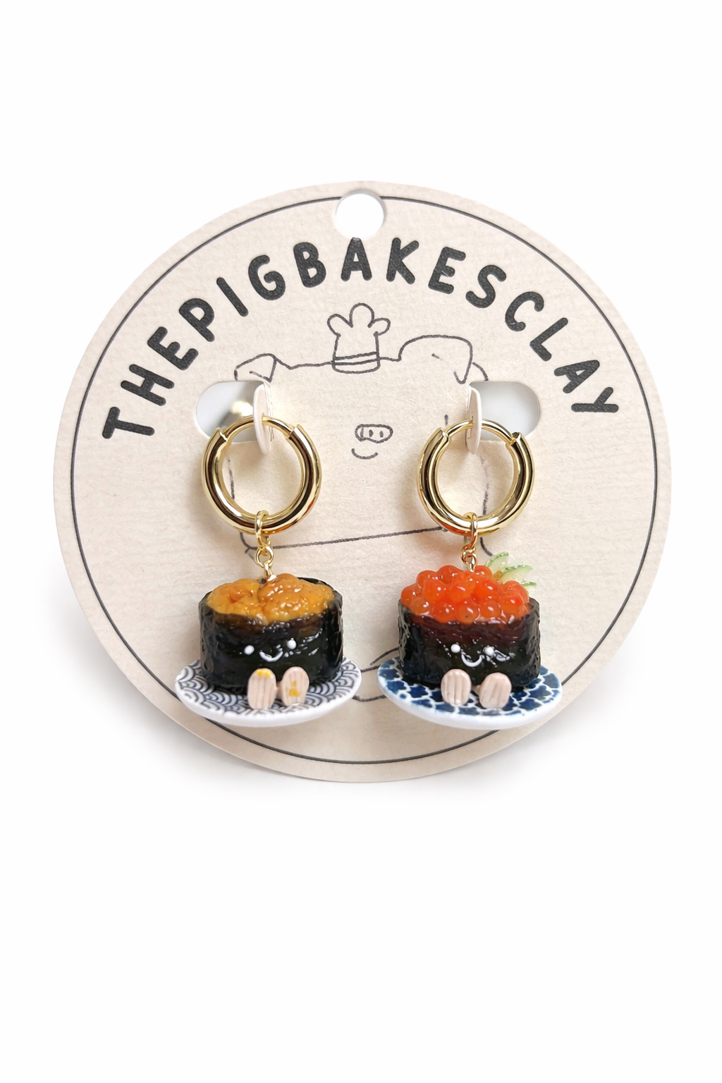 Ikura and Uni Gunkan Sushi Jellycats on Gold Hoop Dangles