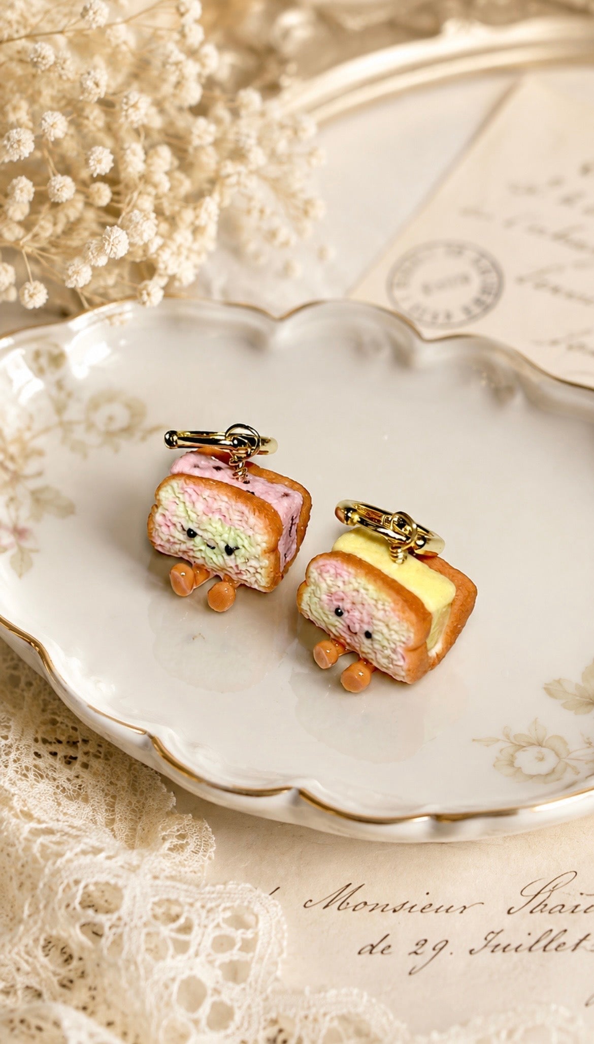 Rainbow Bread Ice Cream on Gold Earring Hoops (red bean and durian)