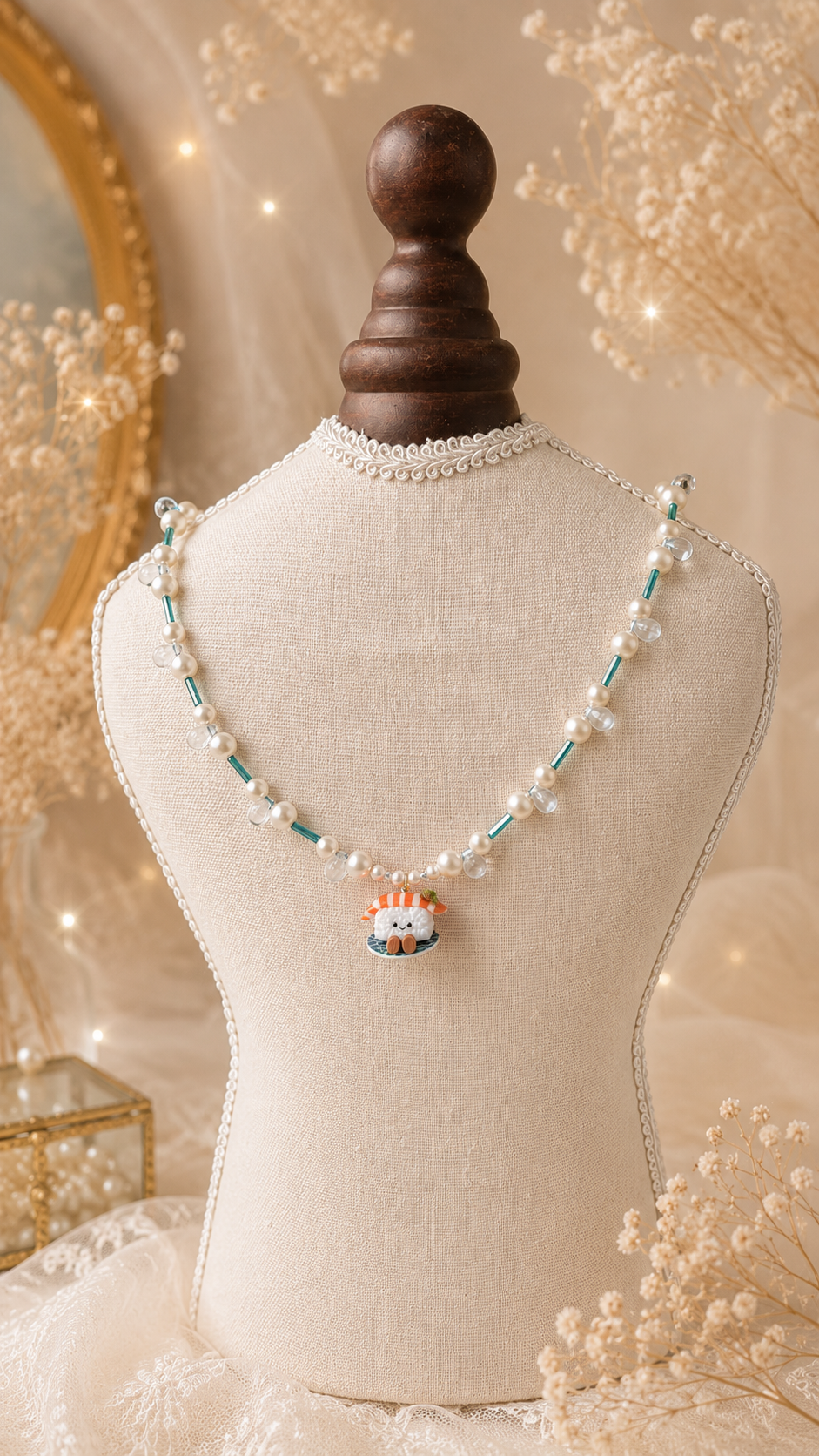 Salmon Sushi with Swaroski Pearls and Water Droplets Necklace