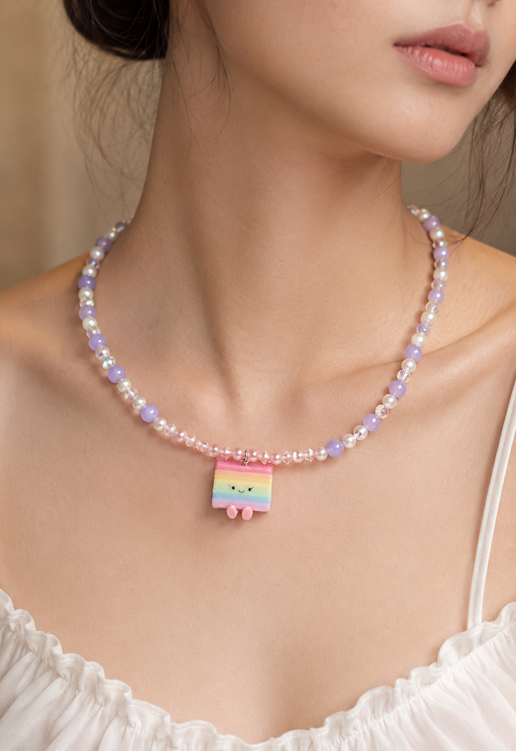Hand-Beaded Kueh Lapis Jellycat Swaroski Pearl and Purple Chalcedony Long Necklace