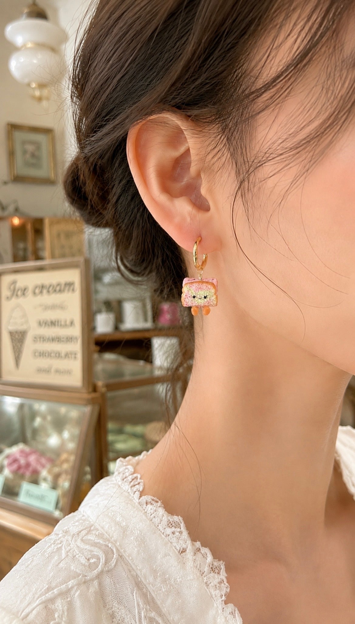 Rainbow Bread Ice Cream on Gold Earring Hoops (choc chip and yam)