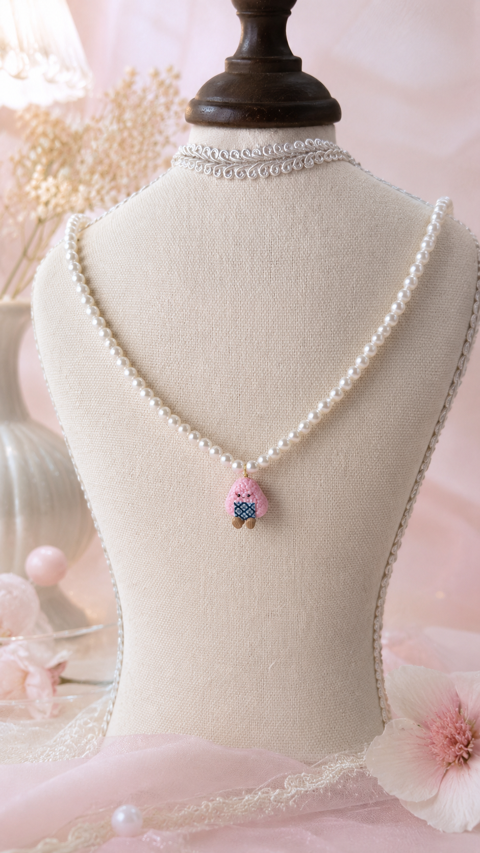 Pink Onigiri in Florals Pearl Necklace
