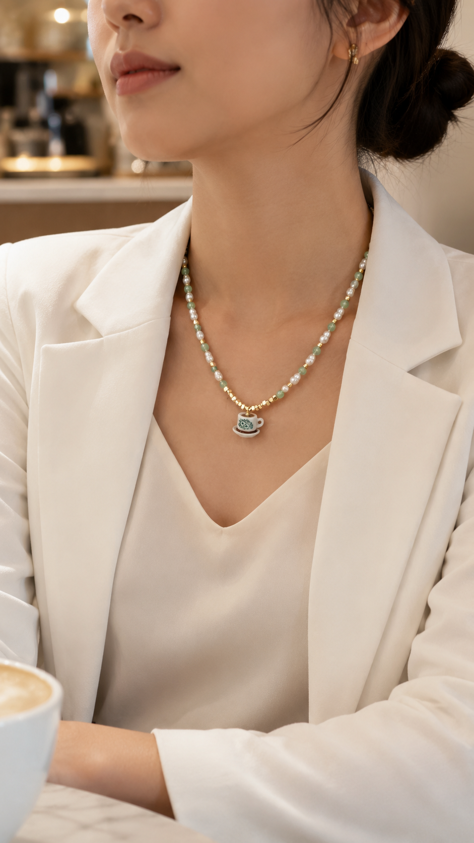 Hand-Beaded Pearl and Jade Kopi Cup Necklace