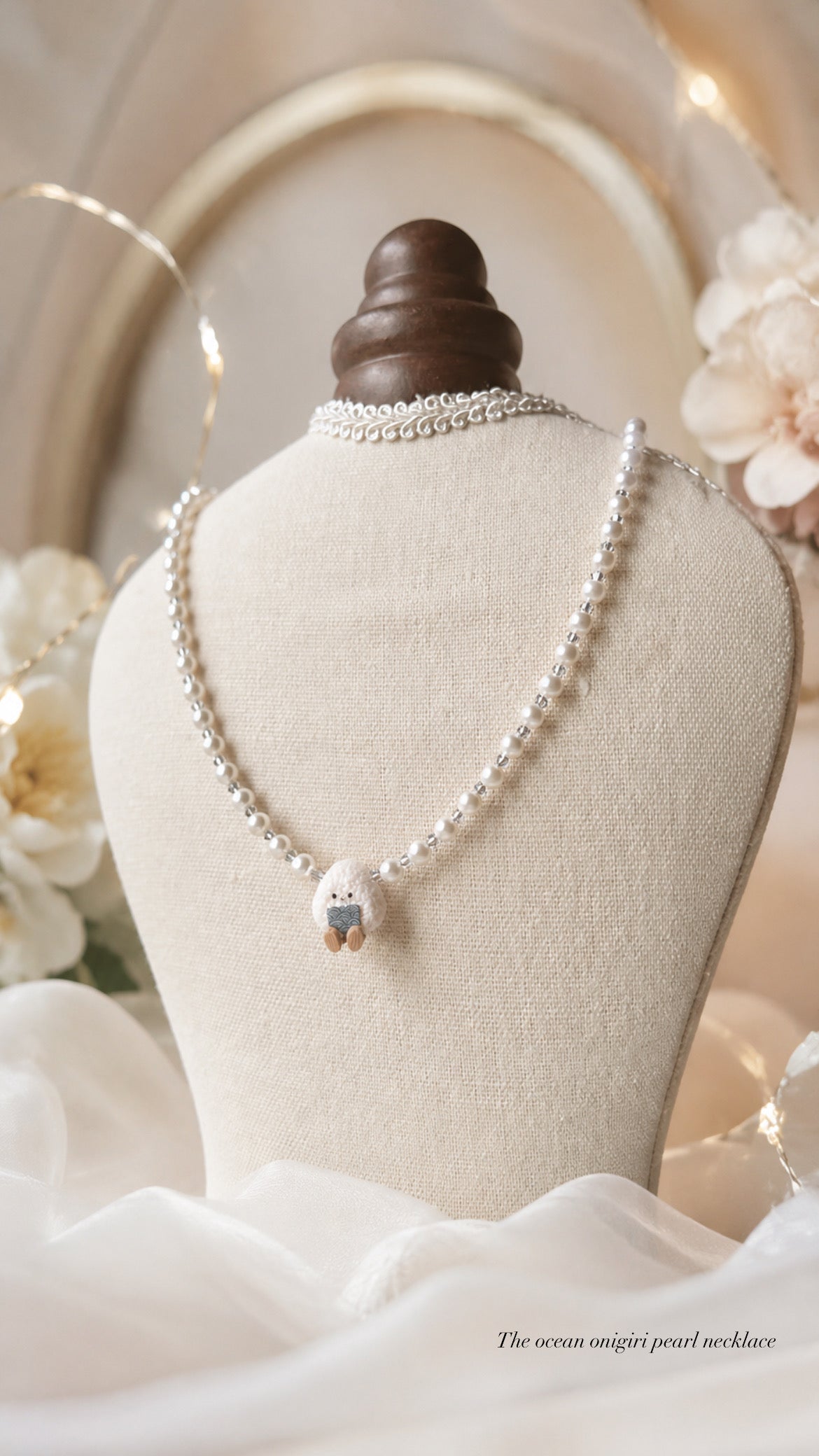 Mr Onigiri in Ocean Hand-beaded Pearl Necklace