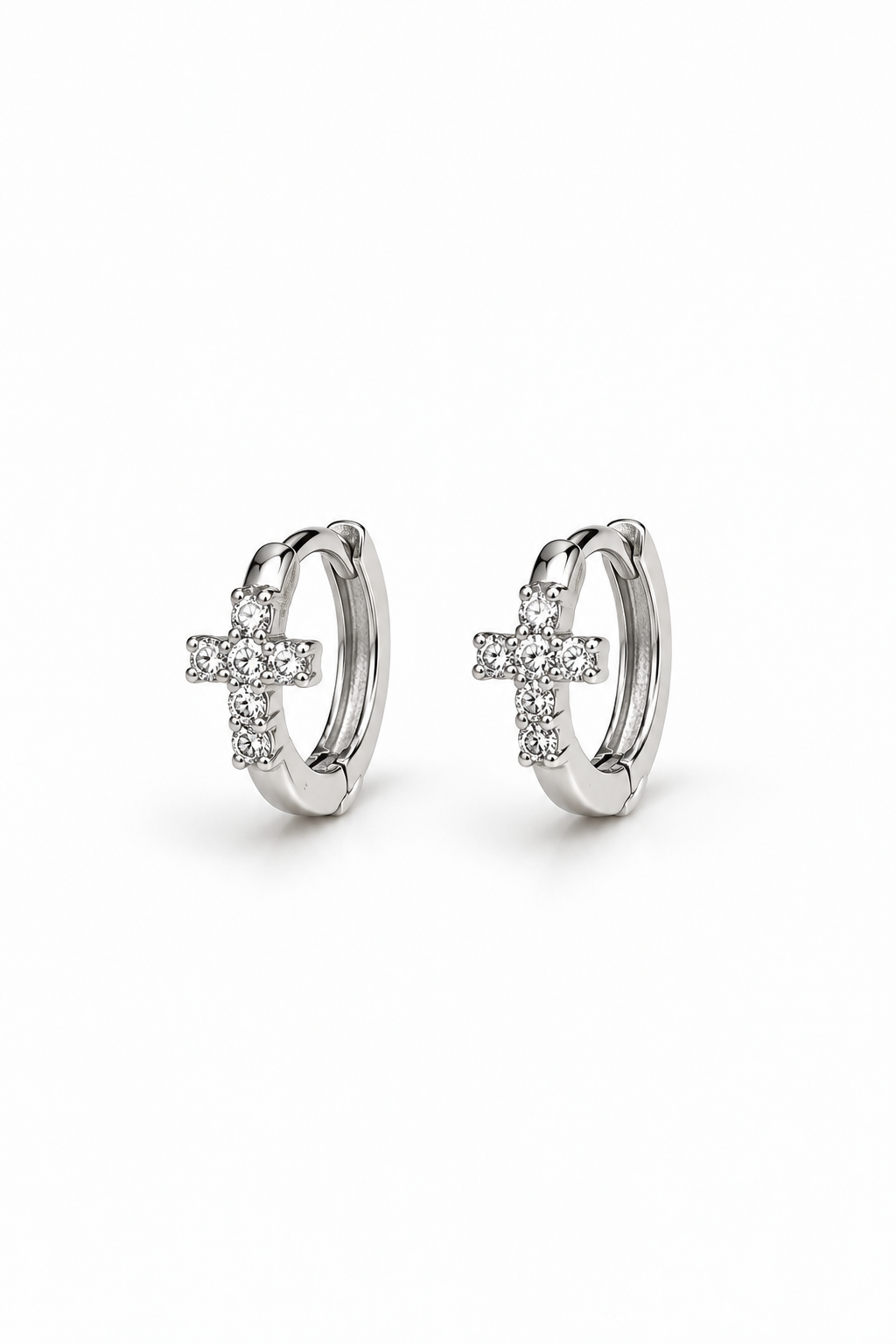 Zircon-Studded Cross Ear Hoops (18K White Gold-Plated over medical-implant grade ASTM F136 titanium)