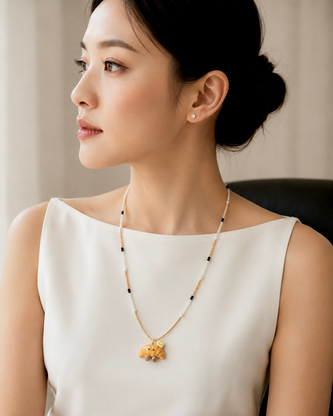 The Shiopan Jellycat and his Pet Butter with Black Spinels and Swaroski Pearls Long Necklace (customised for Sarah)