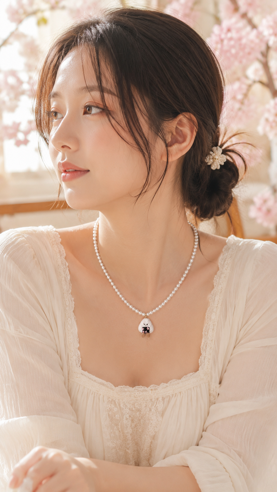 Onigiri Pearl Necklace with floral motifs