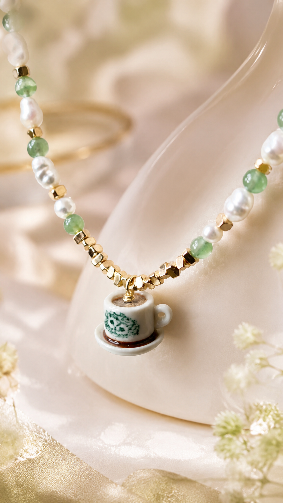 Hand-Beaded Pearl and Jade Kopi Cup Necklace
