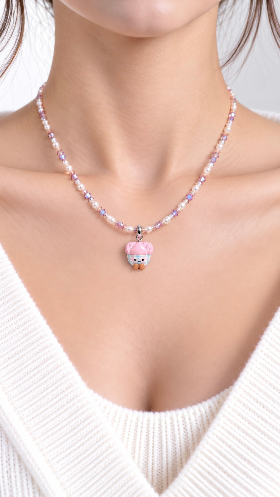 Iridescent Mauve Faux Pearl Necklace (hand-beaded)