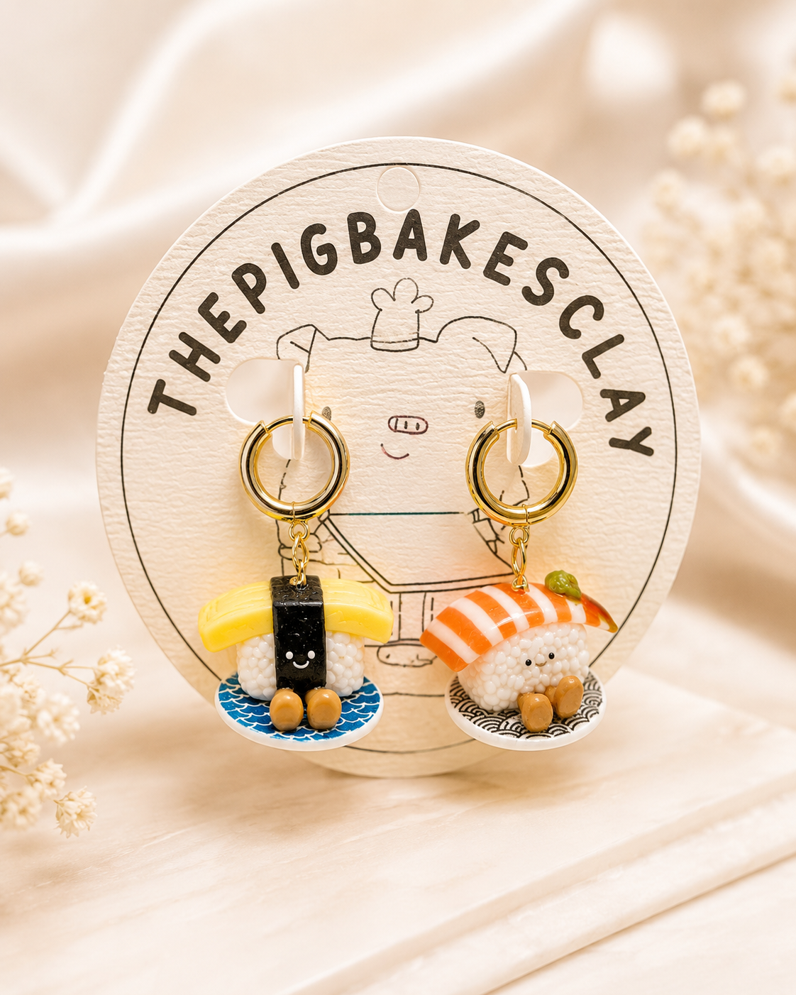 Salmon and Tamago Sushi Jellycat on Gold Hoop Dangles