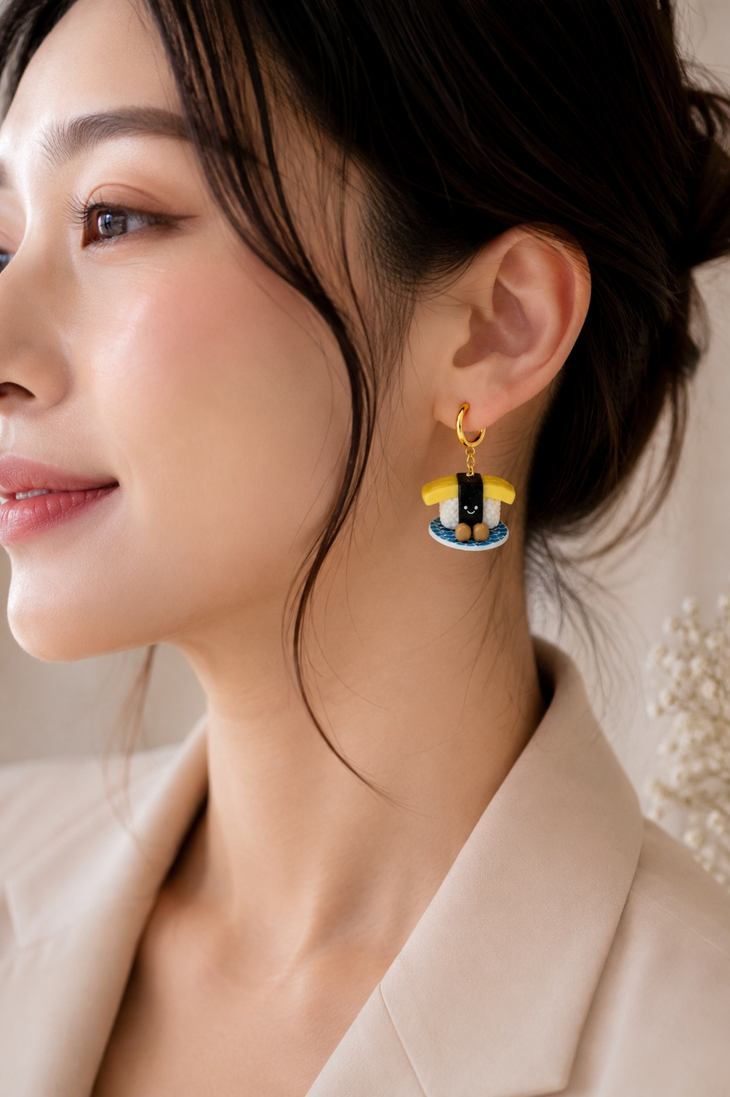 Salmon and Tamago Sushi Jellycat on Gold Hoop Dangles