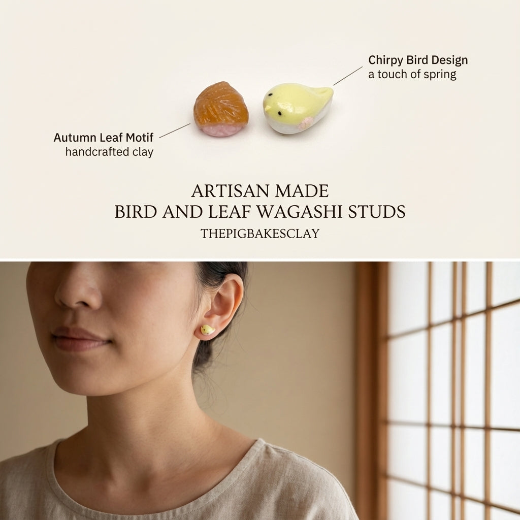 Japanese Bird and Leaf Wagashi Earring Studs