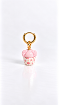 Huat kueh vintage floral charm clipped onto a hoop earring, miniature food earrings