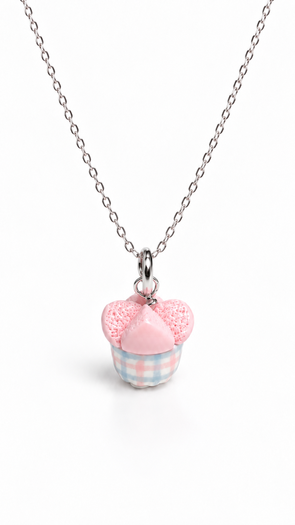 Huat kueh gingham charm worn as a necklace pendant, miniature food jewellery
