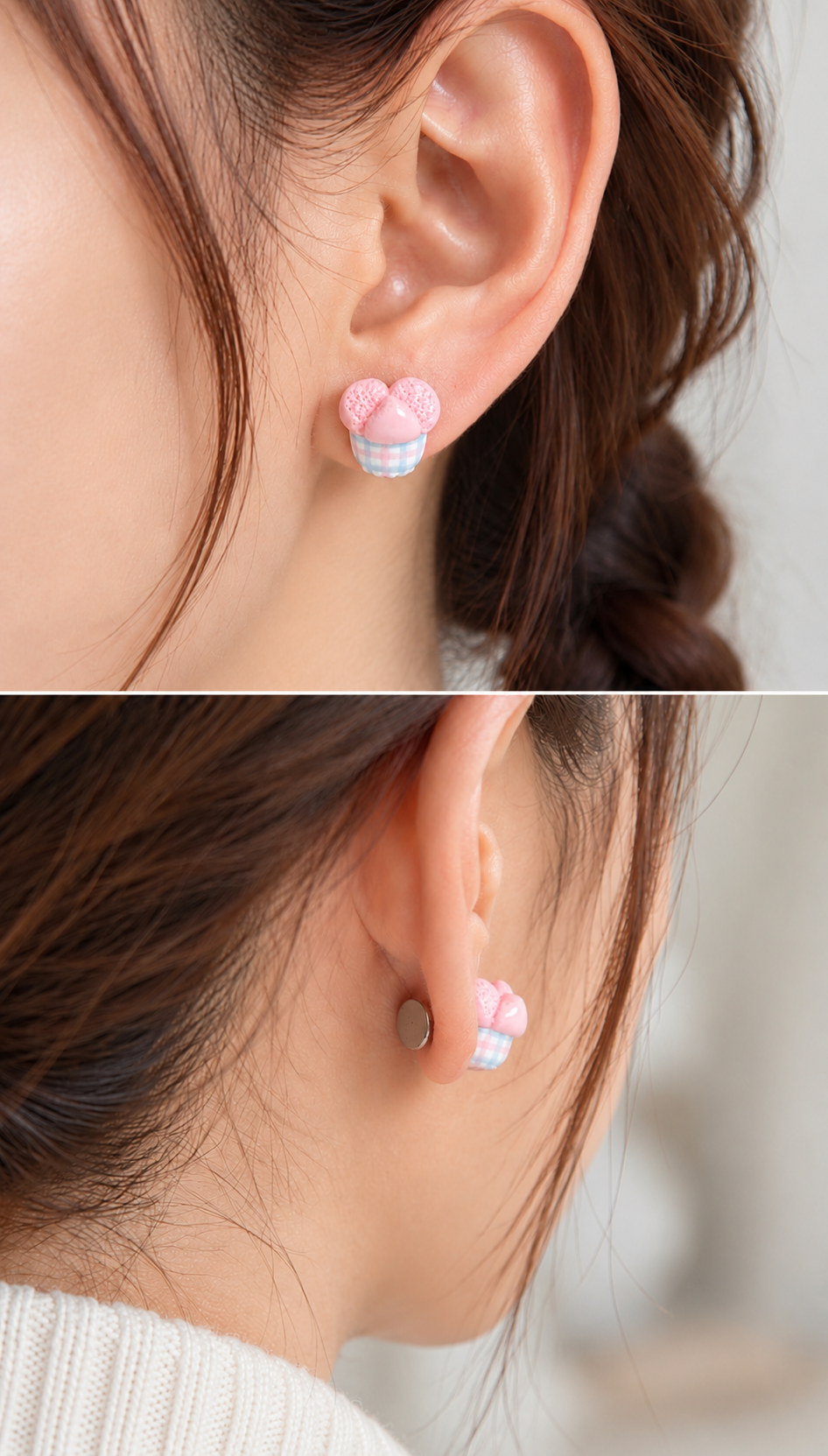 Model wearing huat kueh miniature food earrings in gingham