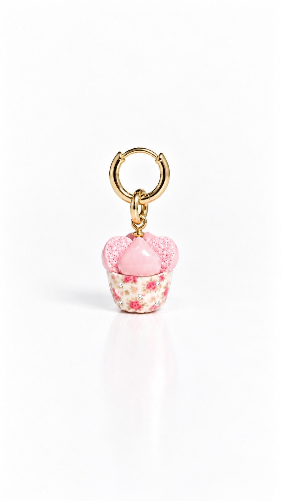 Huat kueh vintage floral charm with moissanites clipped onto a hoop earring, miniature food earrings