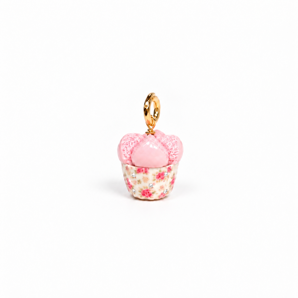 Close-up of 1 mm moissanites accents set in the petals of a vintage floral huat kueh polymer clay charm