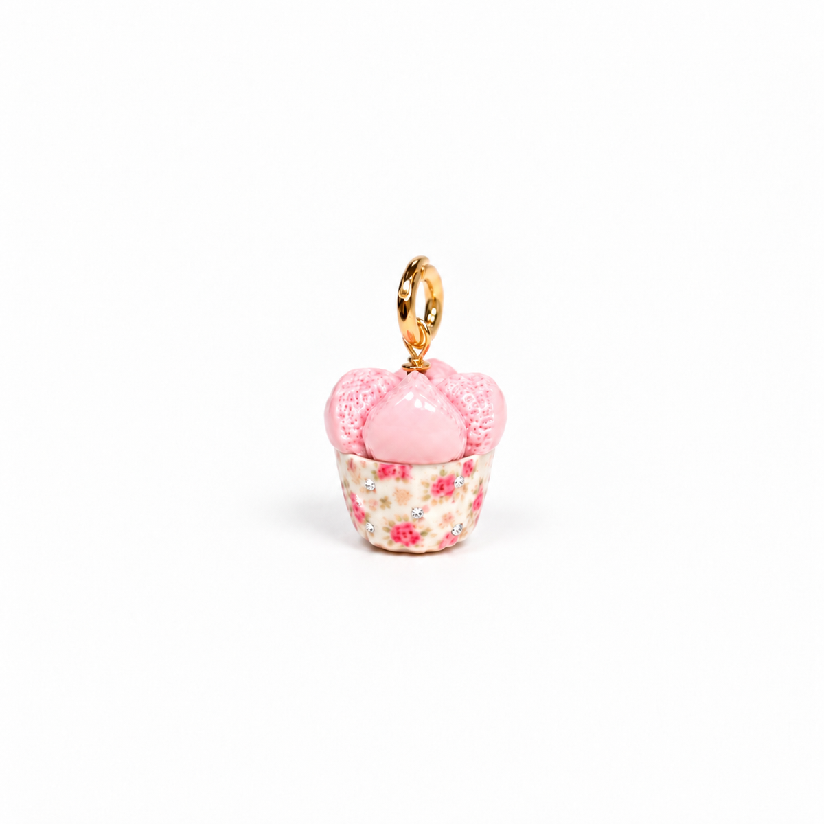 Close-up of 1 mm moissanites accents set in the petals of a vintage floral huat kueh polymer clay charm