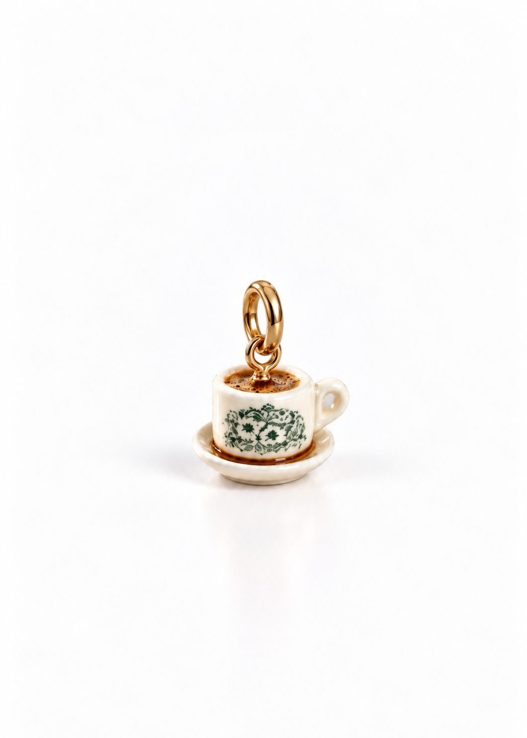 Green floral motif on a miniature kopi cup charm, Singapore coffee shop style
