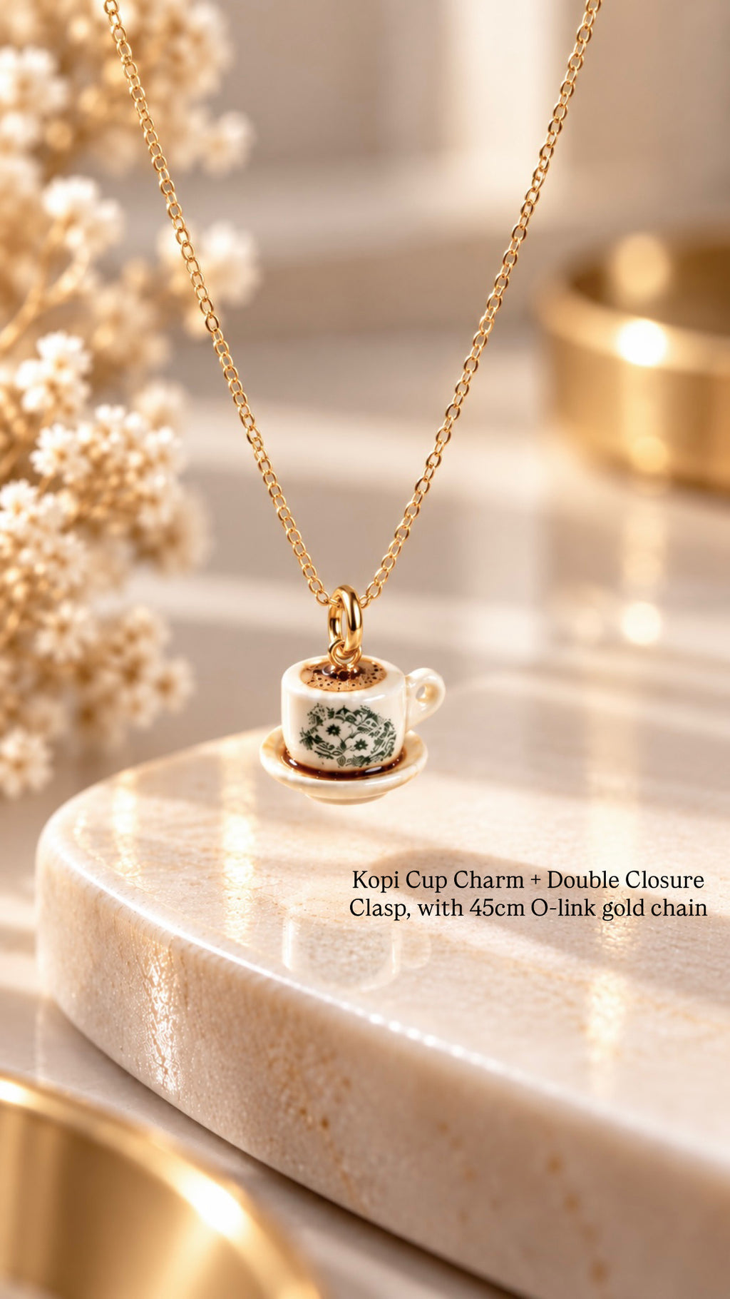 Kopi cup charm worn as a necklace pendant