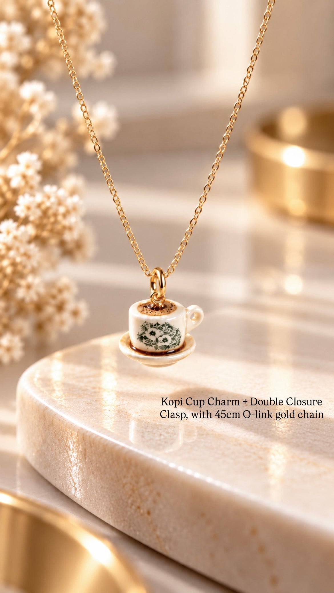 Kopi cup charm worn as a necklace pendant