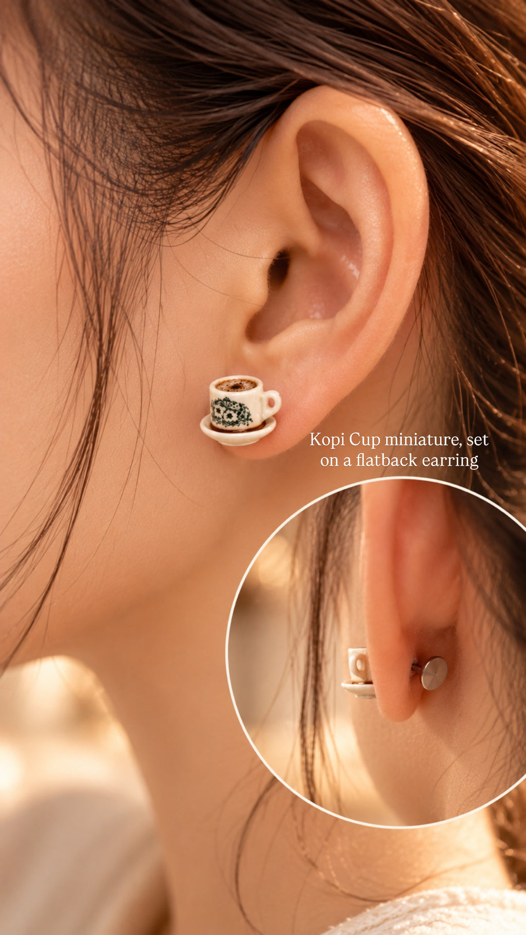 Model wearing kopi cup miniature charm earrings
