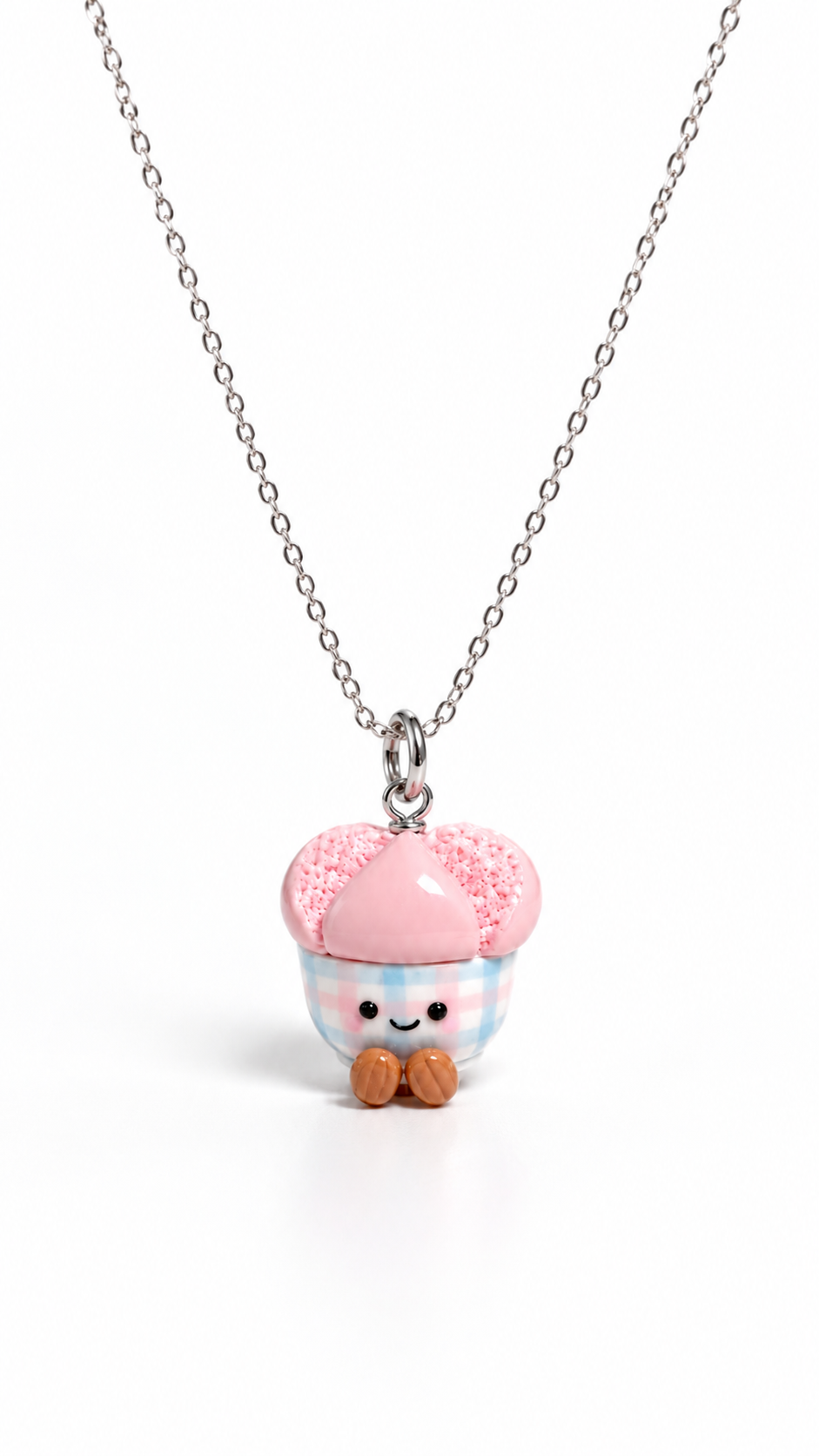 Smiley huat kueh gingham charm worn as a necklace pendant